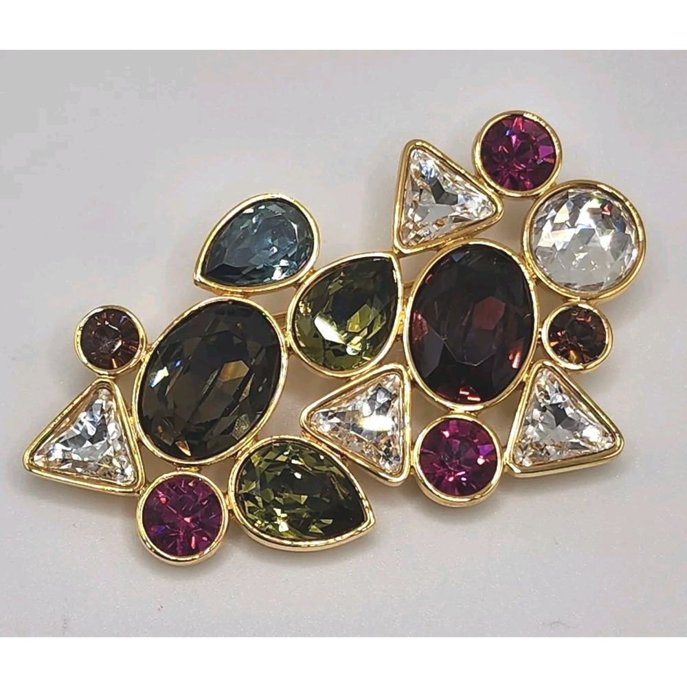 Vintage Swarovski Multicolor Abstract Gold Plated Large Geometric Brooch Gift